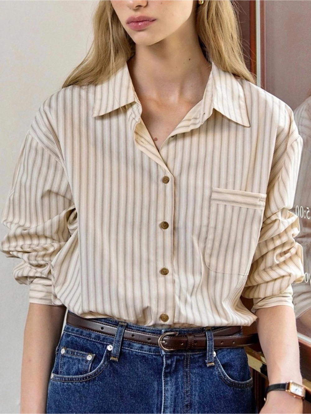 Mustard Seed Women’s Vertical Stripe Button Down Relaxed Fit Shirt Top Small S